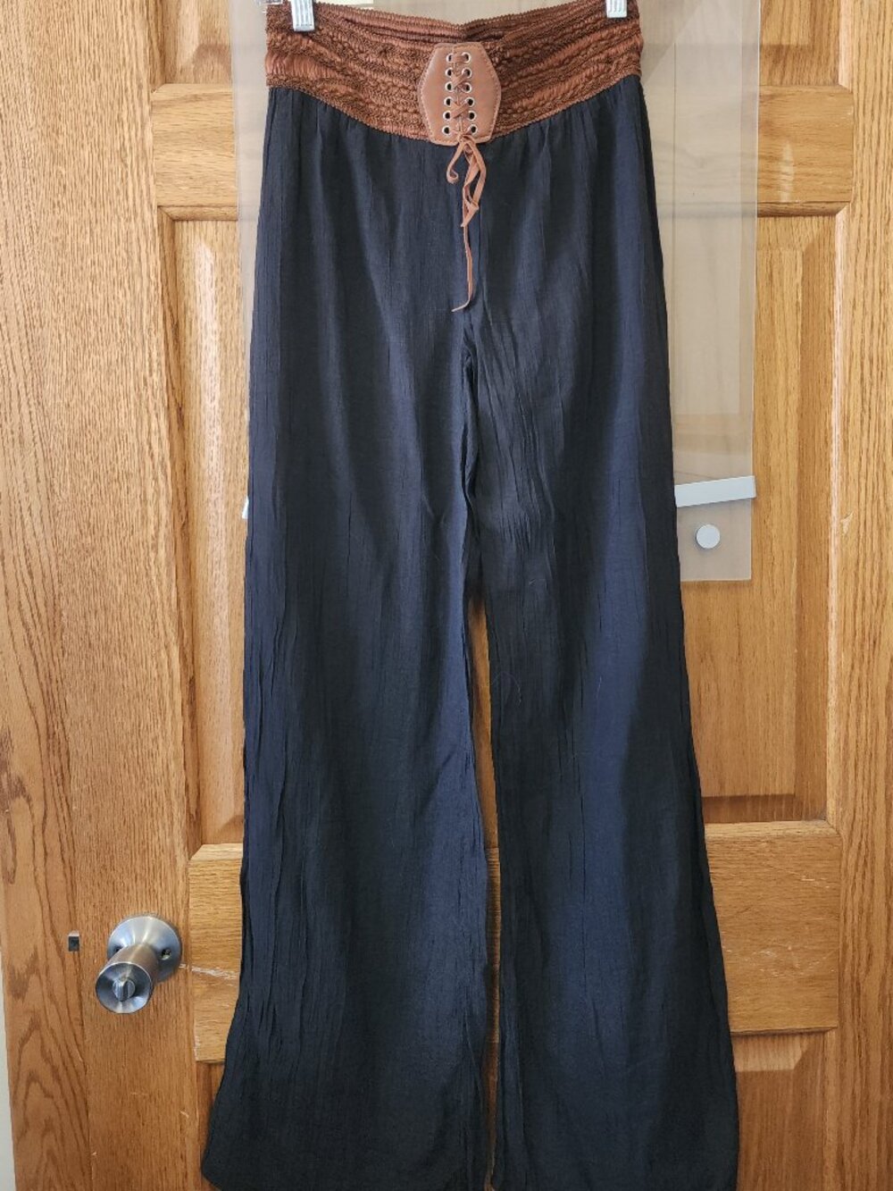Black womens small palazzo pants with brown weave belt